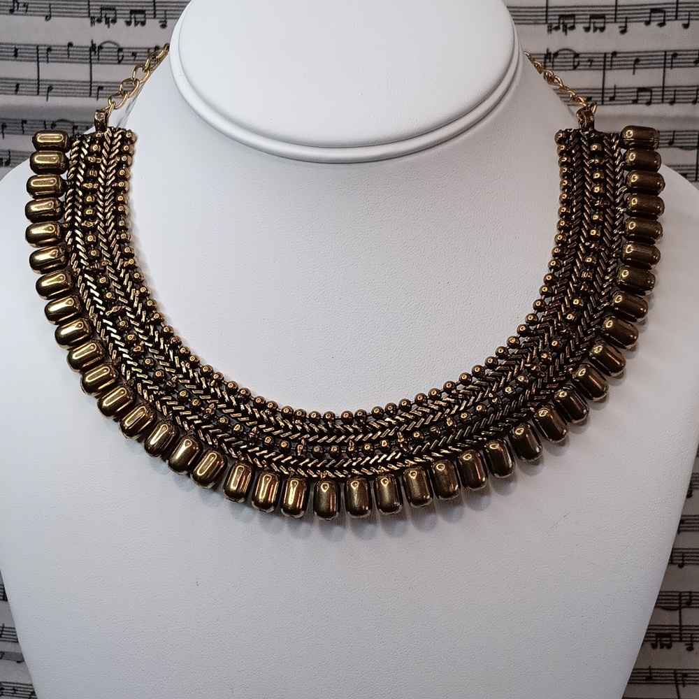 Egyptian Style Collar Choker Necklace Antique Gold Color Up To 17" Long